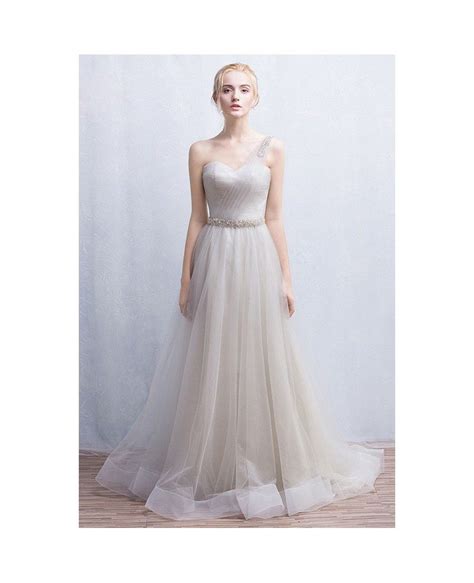 Graceful A Line One Shoulder Floor Length Tulle Wedding Dress With