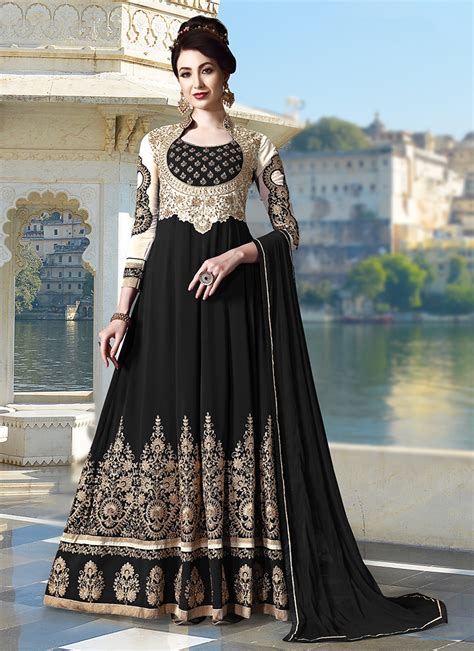 Looking for latest designer anarkali suits online? Shop Black party wear festival dress embroidered women anarkali suit online