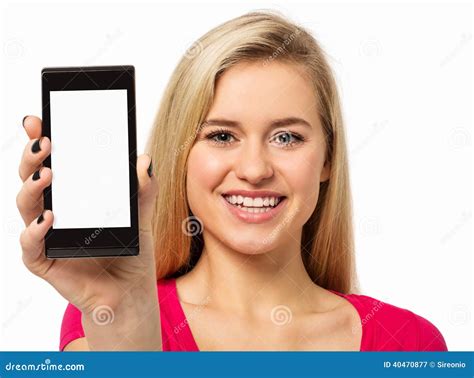 Happy Woman Showing Smart Phone Stock Image Image Of Screen Front