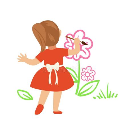 Cute Little Girl In Red Dress Painting Flowers On A White Wall