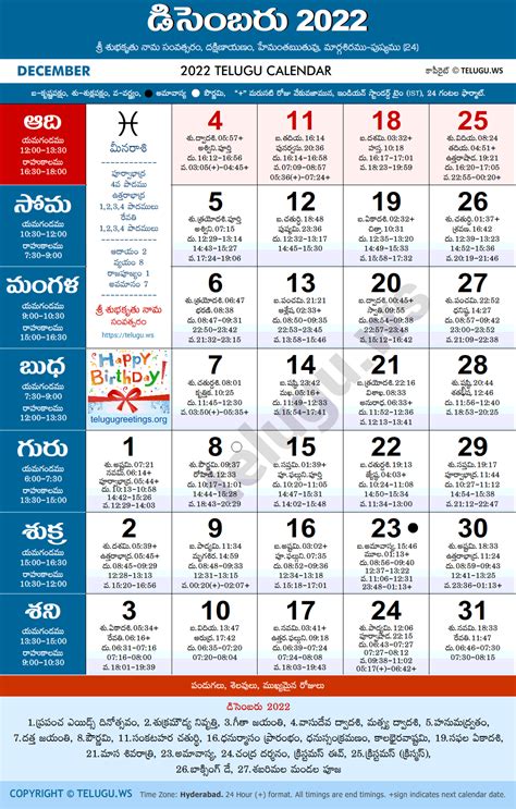 Telugu Calendar December Pdf Print With Festivals Holidays List