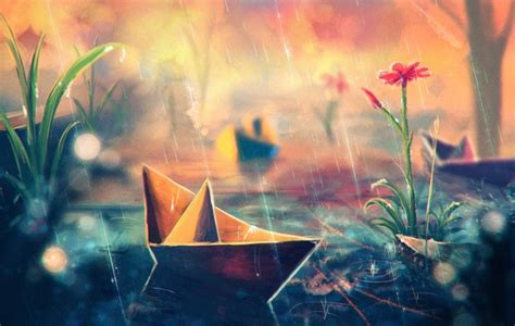 Wallpaper Painting Paper Boat Plants Artwork Raining Resolution