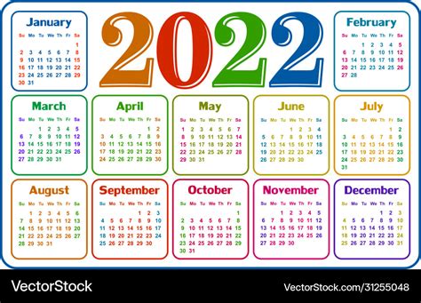 Printable Calendar 2022 Calendar For 2022 Royalty Free Vector Image Images