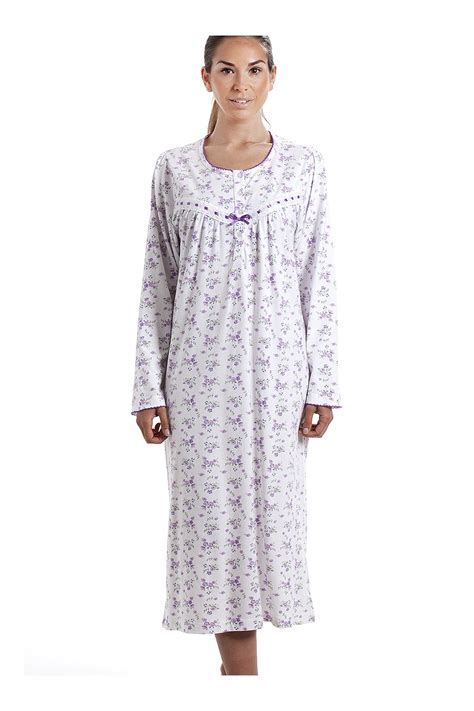 Classic Long Sleeve Purple Floral Print 100 Cotton White Nightdress