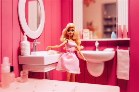premium ai image a barbie doll in a bathroom with a sink and mirror generative ai image