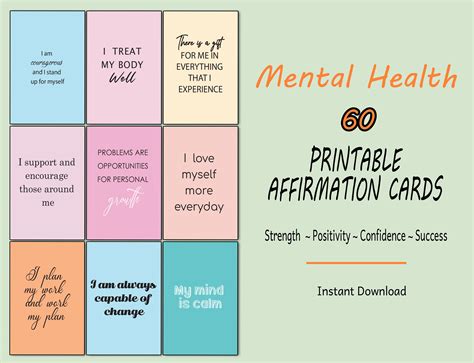 Set Of 60 Mental Health Affirmation Printable Cards Etsy