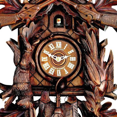 Carved 1 Day Hunting Style Cuckoo Clock With Stag Head Two Rifles Pl