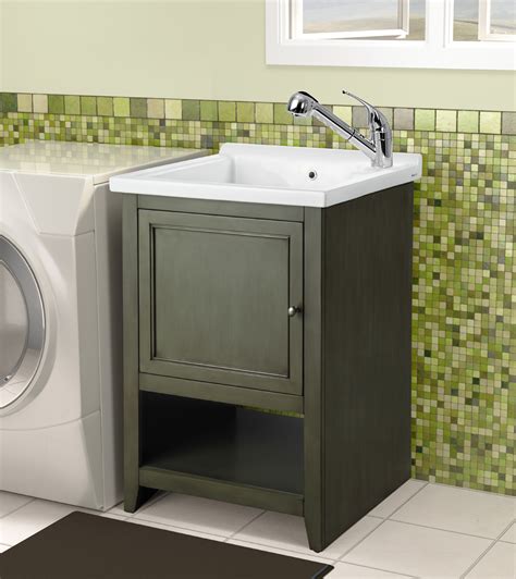 Utility sink laundry tub with cabinet in white, high arc stainless steel faucet, storage vanity with slow closing doors, large washtub for cleaning and washing, sinks for garage, basement, work room. Laundry Cabinet Designs by Shannon Rooney at Coroflot.com