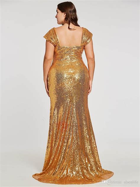 Sparkly Gold Sequined Plus Size Evening Dresses Square Neck 2019