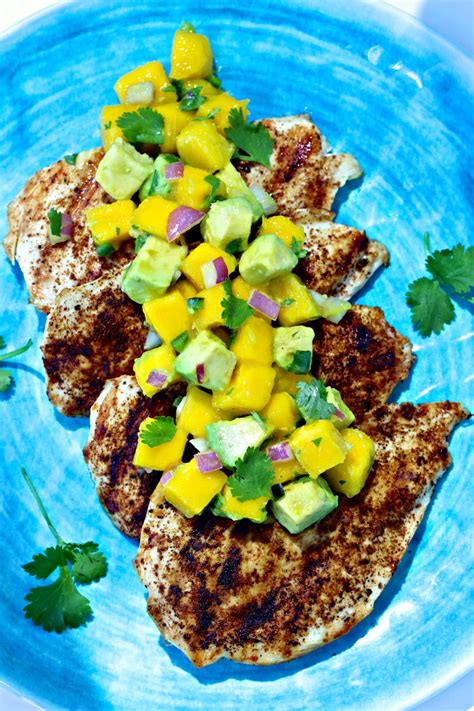 After the chicken is done cooking, top with mango salsa and sliced avocado. Grilled Spiced Chicken with Mango Avocado Salsa | The ...