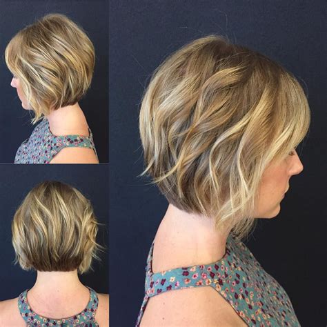 This Blonde Stacked Angled Bob With Added Wavy Texture Is A Great Cut For Someone Seeking