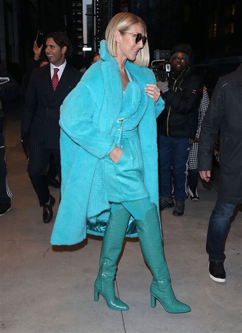 céline dion s turquoise max mara look with thigh high boots in nyc footwear news