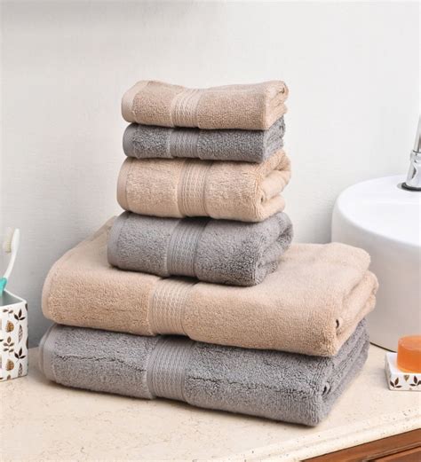 Buy Grey And Beige Solid 550 Gsm Cotton 6 Pieces Towel Set By Avi