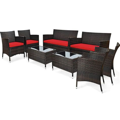 Gymax 8 Pieces Rattan Patio Conversation Furniture Set Outdoor With Red