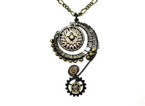 Steampunk Necklace Wire Wrapped Gears Jewelry Antique Brass Etsy