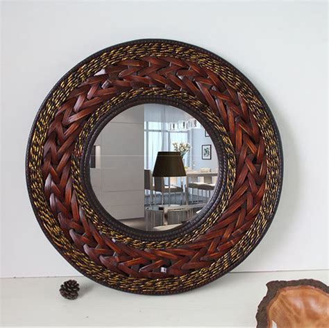 Antique Big Mirror Bamboo And Wooden Frame Round Wall Big Mirror Hanging