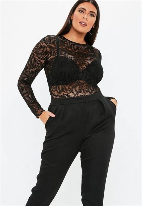 Plus Size Black Long Sleeve Lace Bodysuit Lace Bodysuit Outfit Lace