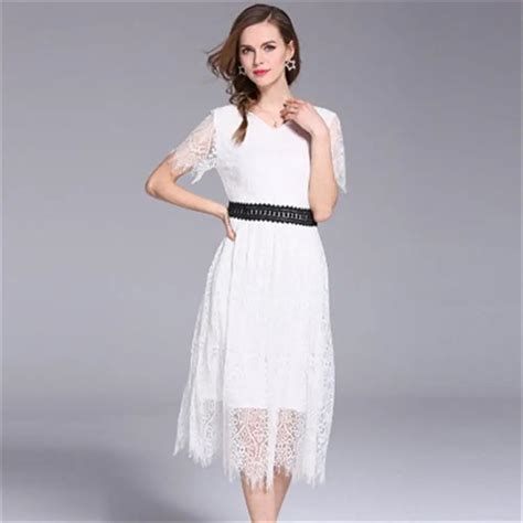 Solid White Women Summer Elegant Midi Dresses All Lace V Neck Party Dress Vintage Short Sleeves