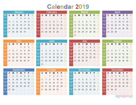 12 Month 2019 Calendar Printable On 1 Page Us Edition