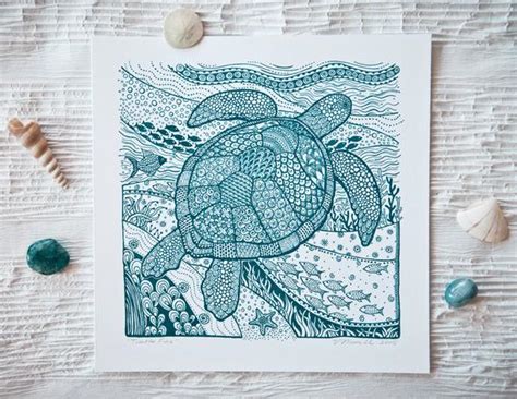 Sea Turtle Art Print Zentangle Giclee Teal By Moonfishstudio