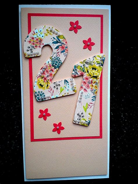 handmade 21st birthday card made with pretty fabrics and embellished with flowers and gems