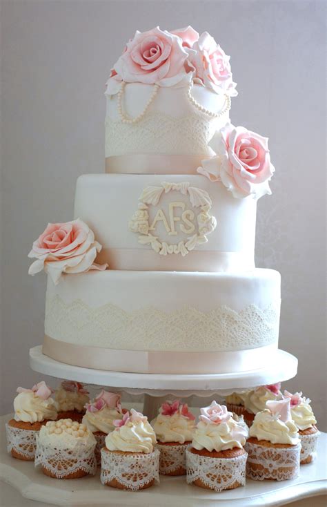 3 Tier Vintage Wedding Cake With Blush Pink Roses Pearls And Name