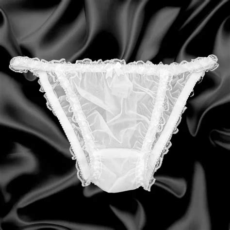 White Sissy Sheer Soft Nylon Frilly Tanga Bikini Panties Knickers Size