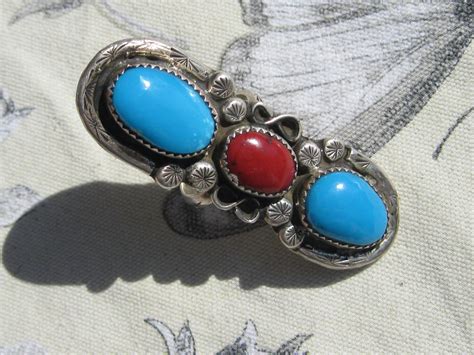 Turquoise And Coral Ring Sterling Silver Size 8 In 2020 Coral Ring