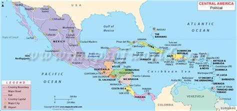 Mid middle america political map with capitals and borders. Map of central america in spanish
