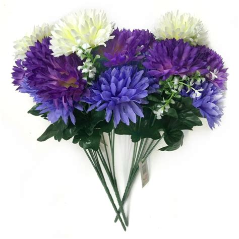 3 pack faux chrysanthemum bushes with purple and cream flowers