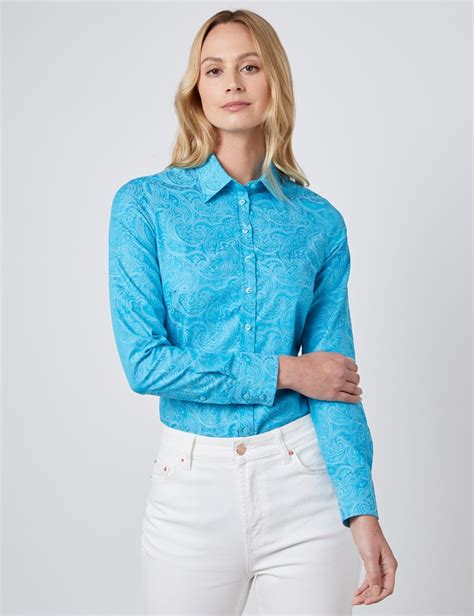 Womens Dark Turquoise Jacquard Paisley Semi Fitted Shirt Single Cuff