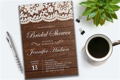 Bridal Shower Invitation Lace Wood Rustic By Creativedigitalworld