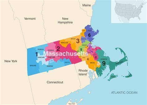 Massachusetts State Counties Colored By Congressional Districts Vector Map With Neighbouring