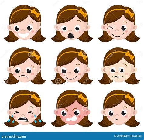 Girl Emotion Faces Cartoon Set Of Female Avatar Expressions Stock