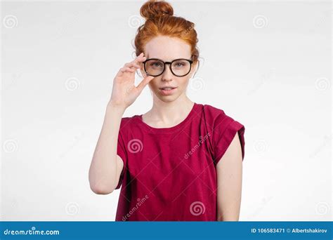 Redhead Smiling Woman Wearing Red Shirt Hold Glasses On White Background Stock Image Image Of