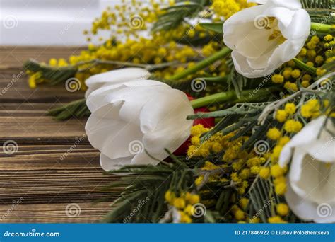 Spring Flowers Bouquet Yellow Mimosa And White Tulips Stock Photo