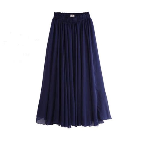 Ladies Summer Wear Navy Blue Elastic Waist Pleated Pattern Long Chiffon