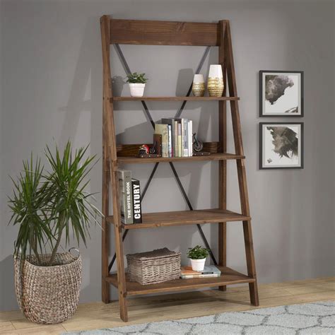 Welwick Designs 68 In Brown Wood 4 Shelf Ladder Bookcase With Open