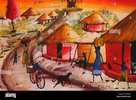 African Painting In Reds And Oranges Showing Typical Village Scene