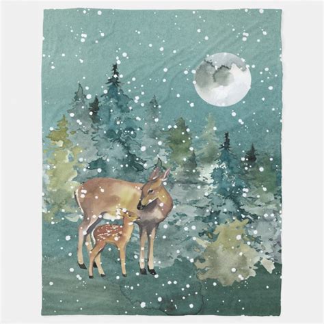 Doe And Fawn Deer In Forest Full Moon Snowfall Fleece Blanket Zazzle