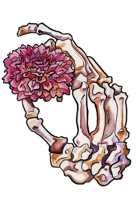 Flowers And Bones Art Print Dahlia Skeleton Hand With Flower