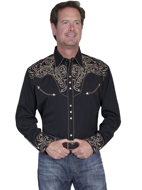 Mens Vintage Western Shirt Collection Scully Embroidered Scroll Black