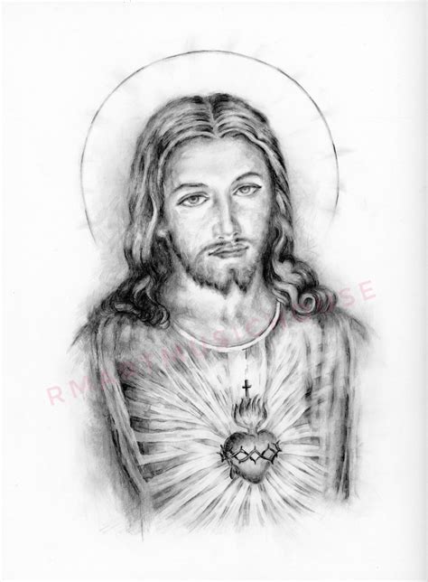 Print Of The Sacred Heart Of Jesus Christ Pencil Drawing 5x7 85x11