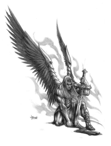 Severe Grey Ink Angel Warrior With A Sword Tattoo Design Tattooimagesbiz