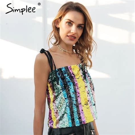 Simplee Strap Sequin Camisole Tank Crop Top Women Tie Up Sexy Cropped Cami 2018 Summer Club