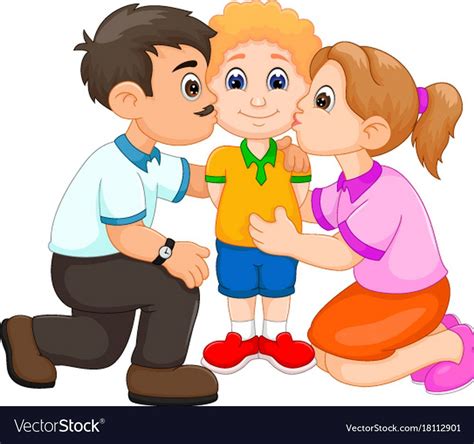 Vector Illustration Of Handsome Boy Cartoon Kissed By Father And Mother