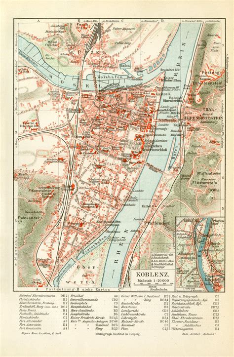 Koblenz historischer Stadtplan Karte Lithographie ca. 1907 - Archiv h