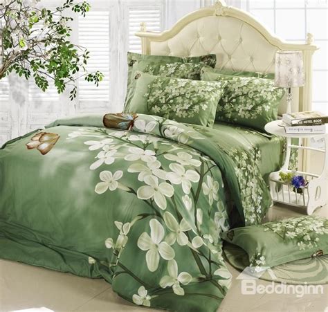 Best Selling Green With White Flowers 4 Piece Bedding Sets Bed Design