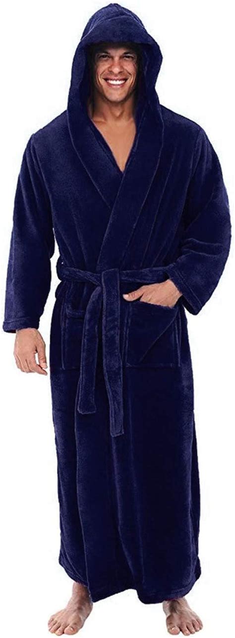 Bukinie Mens Warm Flannel Fleece Hooded Robe And Shawl Collar Full Length