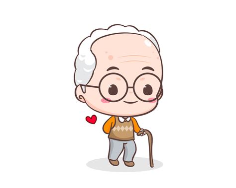 Cute Grandfather Or Old Man Cartoon Character Grandpa Holding Cane